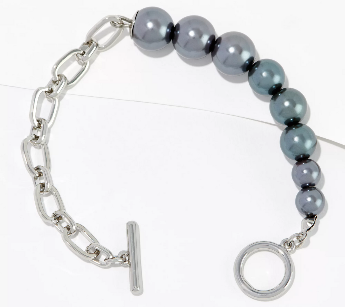 Susan Graver Silvertone with grey simulated pearls & Chain Toggle Bracelet 7-1/2"