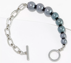 Susan Graver Silvertone with grey simulated pearls & Chain Toggle Bracelet 7-1/2"