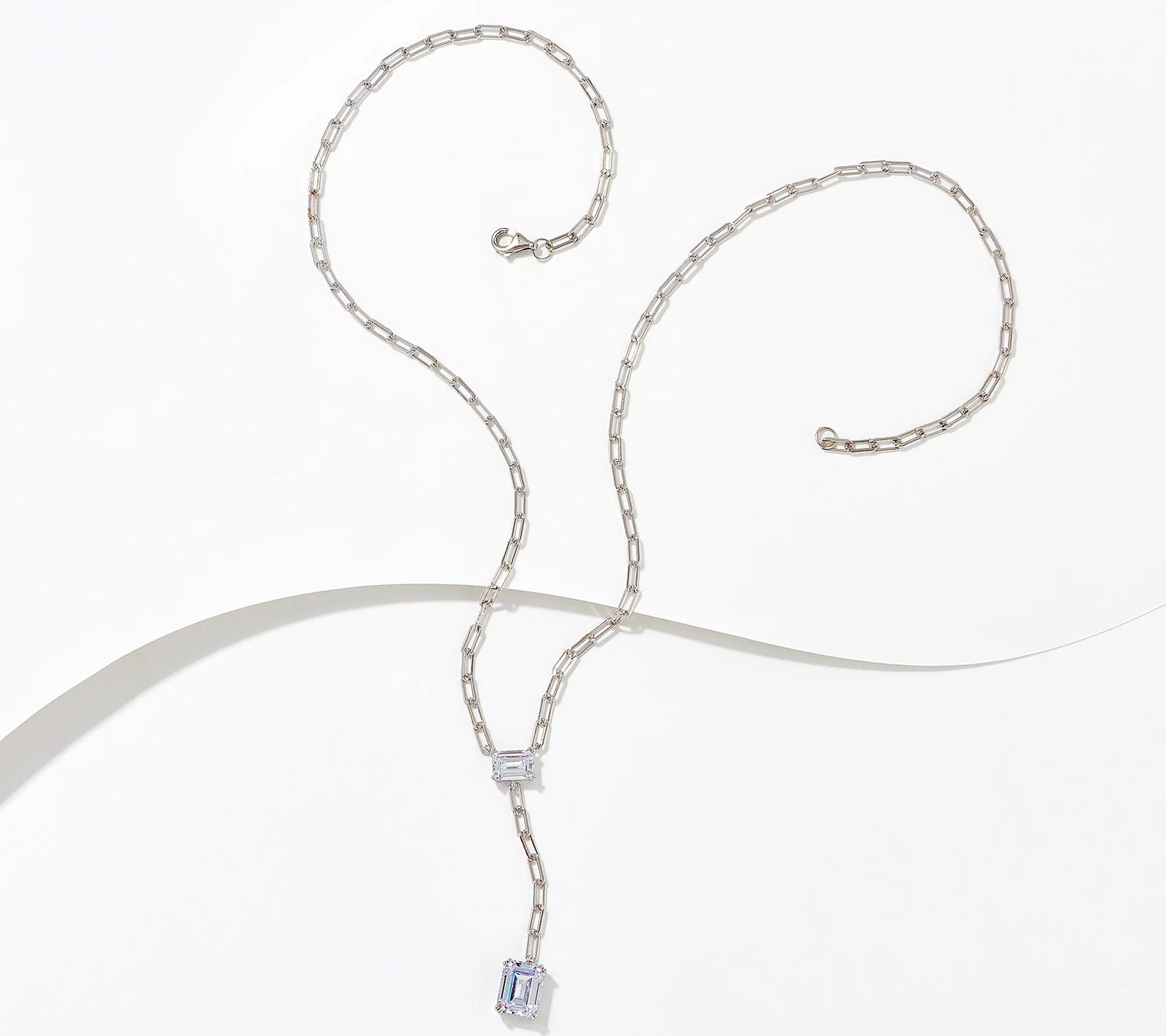 Diamonique Sterling Silver Emerald Cut Paperclip Lariat Necklace