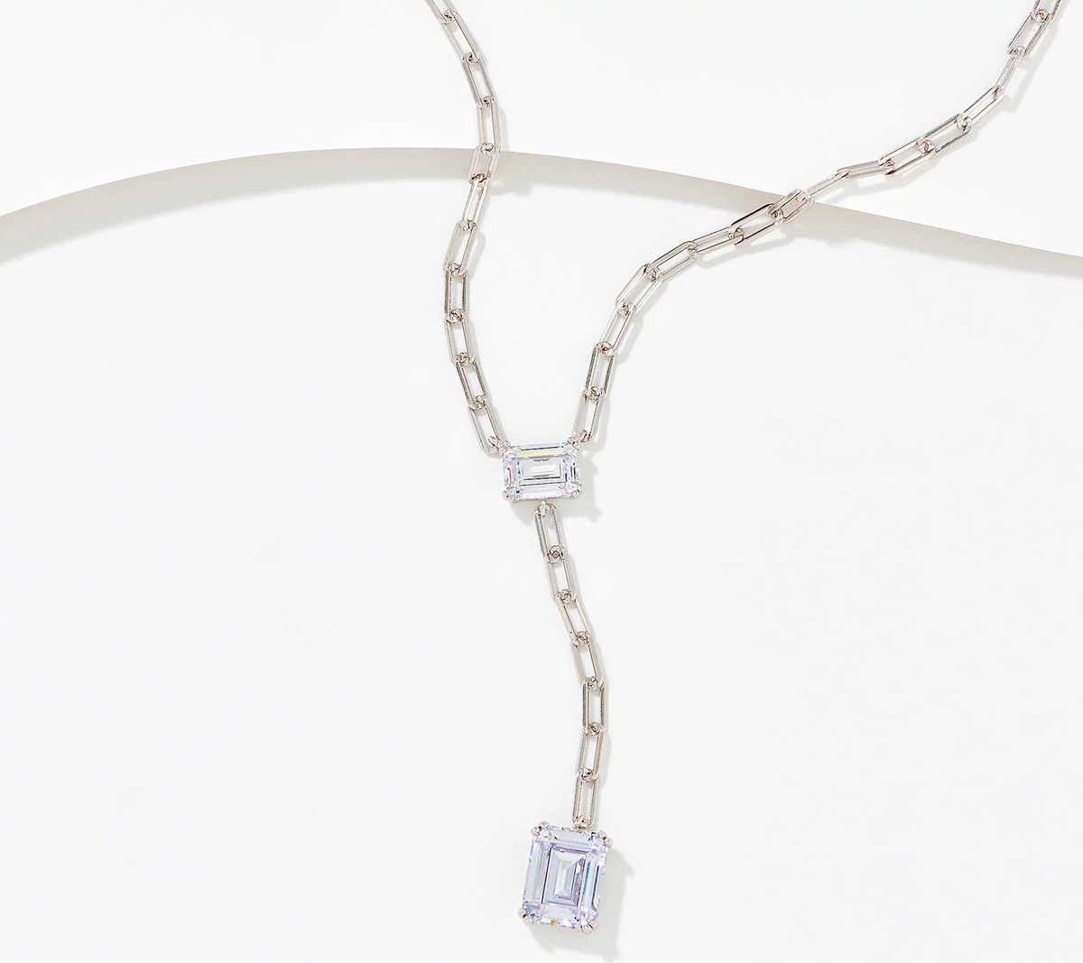 Diamonique Sterling Silver Emerald Cut Paperclip Lariat Necklace
