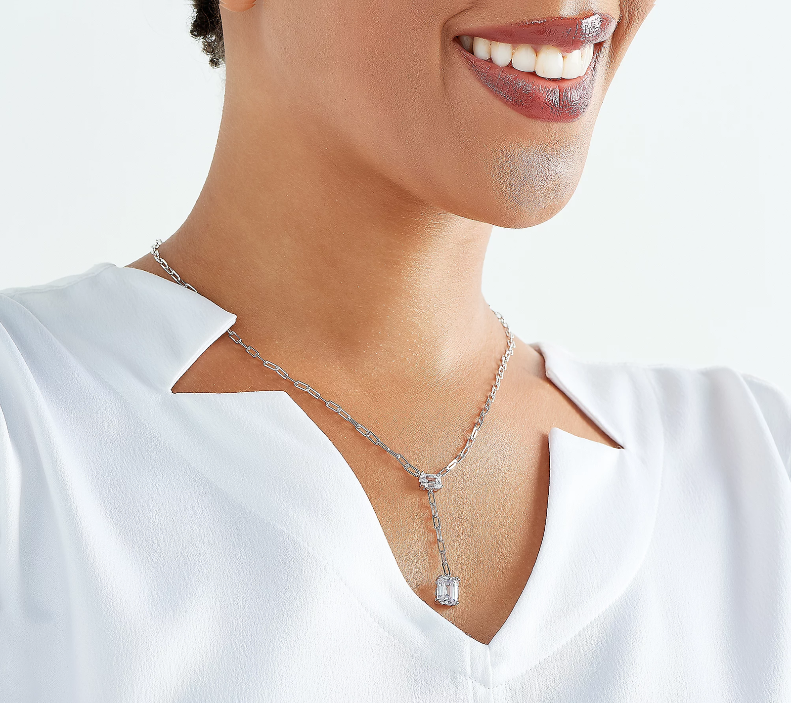 Diamonique Sterling Silver Emerald Cut Paperclip Lariat Necklace