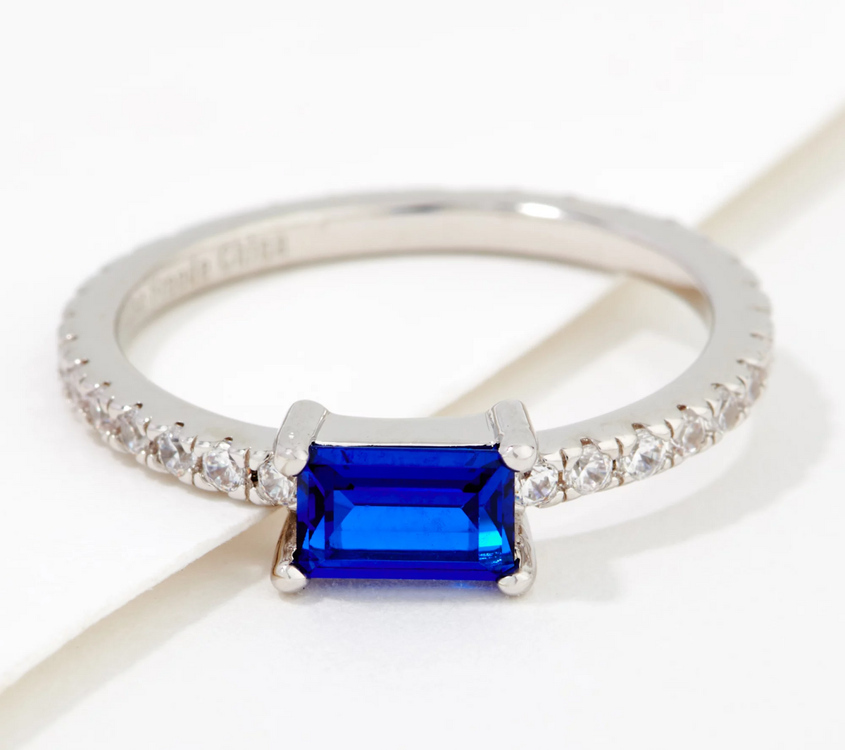 Diamonique x Lisa Freede Silvertone Sim Blue Sapphire Baguette Ring, Size 7