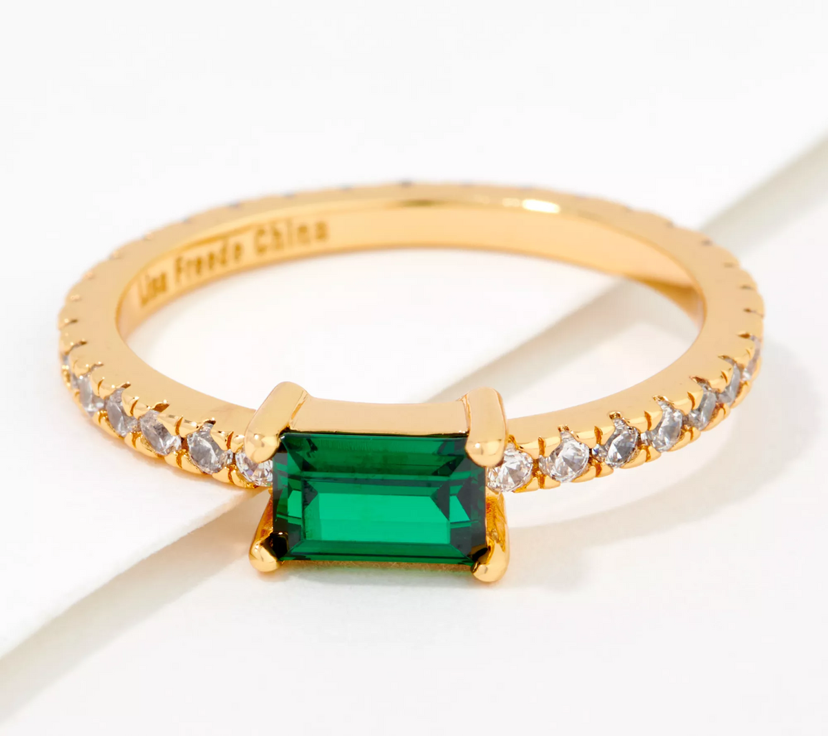 Diamonique x Lisa Freede Green and Clear Color Baguette Ring, Goldtone, Size 10