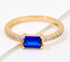 Diamonique x Lisa Freede Blue and Clear Color Baguette Ring, Goldtone, Size 6