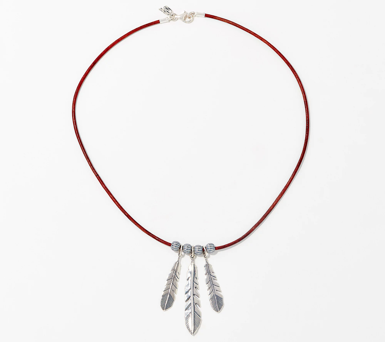 American West Sterling Silver 3 Feather Brown Leather Necklace,  17"