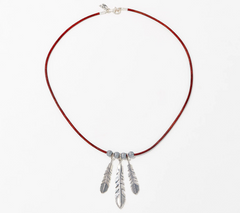 American West Sterling Silver 3 Feather Brown Leather Necklace,  17"