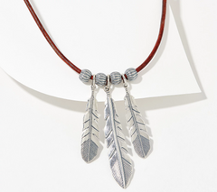 American West Sterling Silver 3 Feather Brown Leather Necklace,  17"