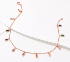 Diamonique Roseclad  Sterling Silver Rainbow Baguette Dangle Anklet, 12"