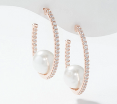 Diamonique Simulated Pearl Inside-Outside Rosegold-Over SS Hoops