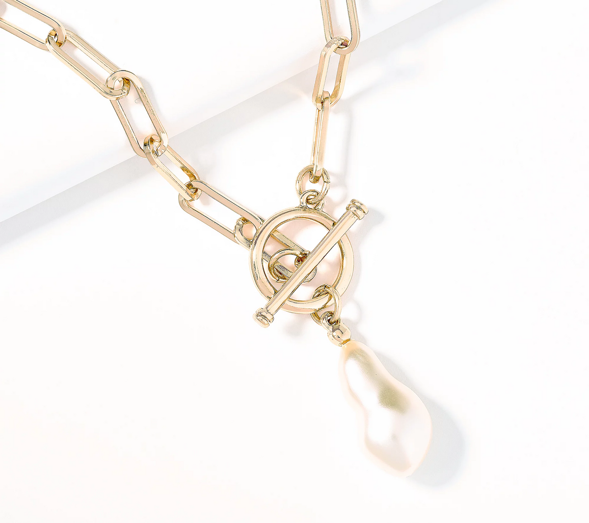 Joan Rivers Paperclip Chain Toggle Goldrtone Necklace with Simulated Pearl Drop