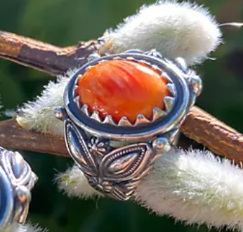 American West Sterling Silver Oval Orange Spiny Thunderbird Ring, Size 8