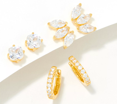 Diamonique Erin's Picks Gold clad Sterling Silver Set of 3 Clear Earrings