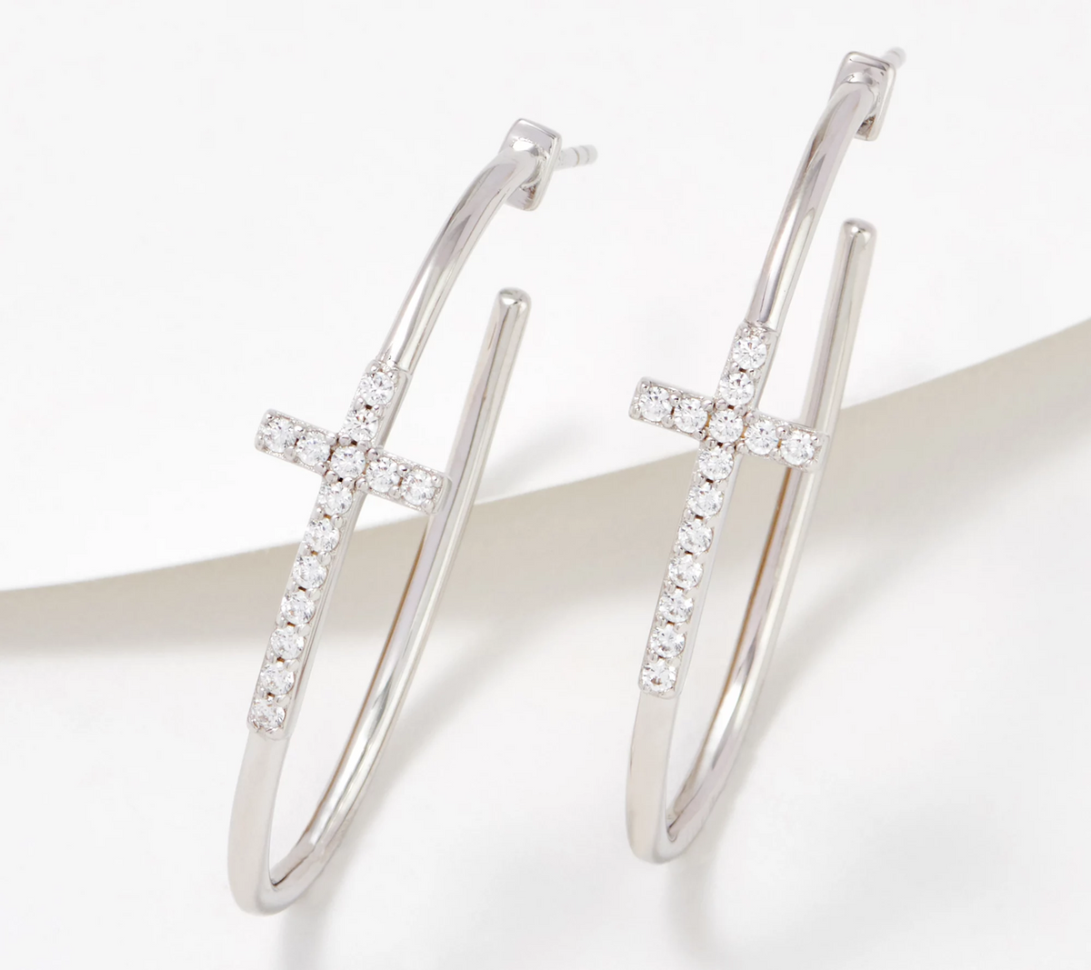Diamonique x Jennifer Miller Sterling Silver Pave Cross Hoop Earrings