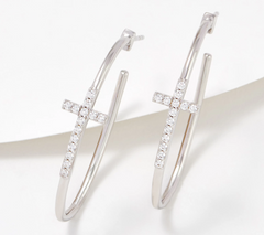 Diamonique x Jennifer Miller Sterling Silver Pave Cross Hoop Earrings