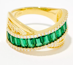 Diamonique 14k Plated SS Emeralad Baguette and Pave Crossover Band Ring Size 6