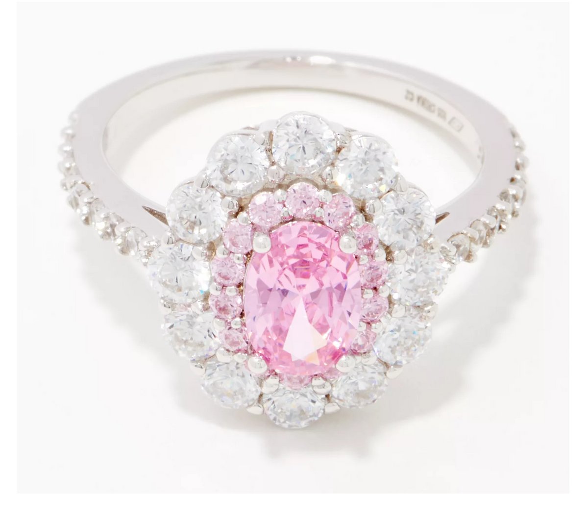 Diamonique Sterling Silver Pink CZ Double Halo Cocktail Ring. Size 7