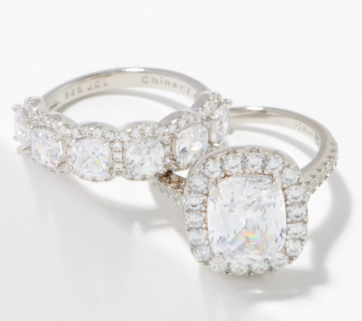 Diamonique Sterling Silver Cushion Cut Solitaire Halo Ring & Band Set, Size 8