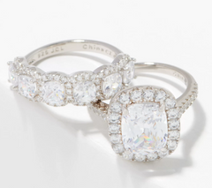 Diamonique Sterling Silver Cushion Cut Solitaire Halo Ring & Band Set, Size 8