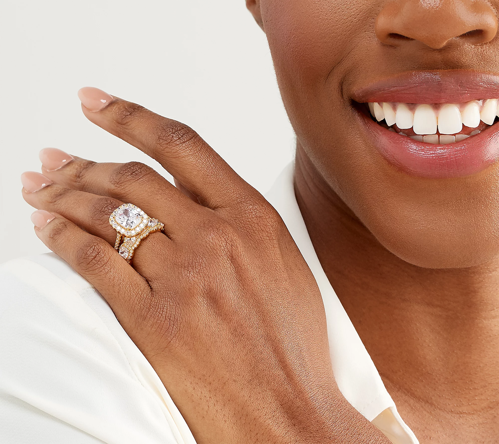 Diamonique Gold-Plated Sterling Silver Cushion Cut Solitaire Halo Ring & Band Set, Size 9