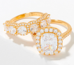 Diamonique Gold-Plated Sterling Silver Cushion Cut Solitaire Halo Ring & Band Set, Size 9