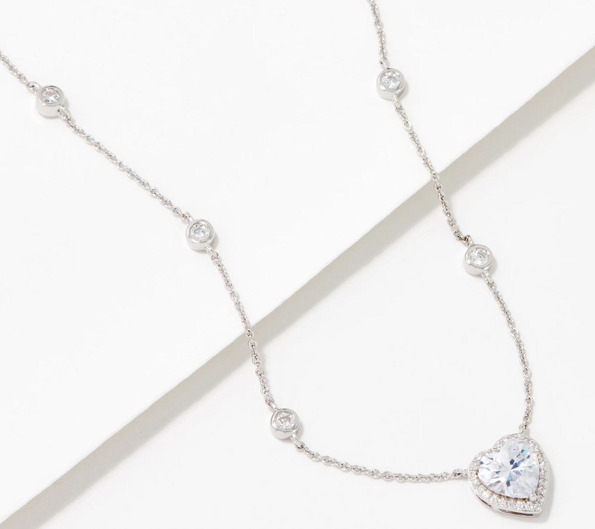 Diamonique x Kathy Levine Sterling Silver Clear Heart's Delight Pendant Station Necklace