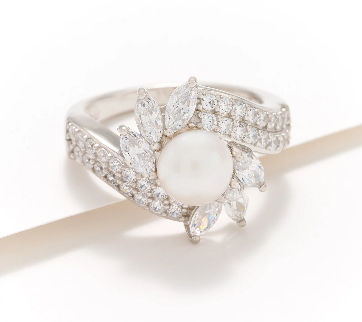 Diamonique Platinum Clad SS Blooming Pearl Pave Stone Ring Size 8