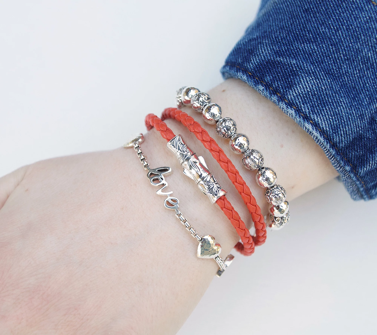 JAI Sterling Silver Double Wrap Orange Bamboo Leather Bracelet Small