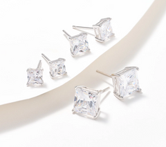 Diamonique Set of 3 Boxed Graduated Sterling Silver Studs in Choice of Princess Cut