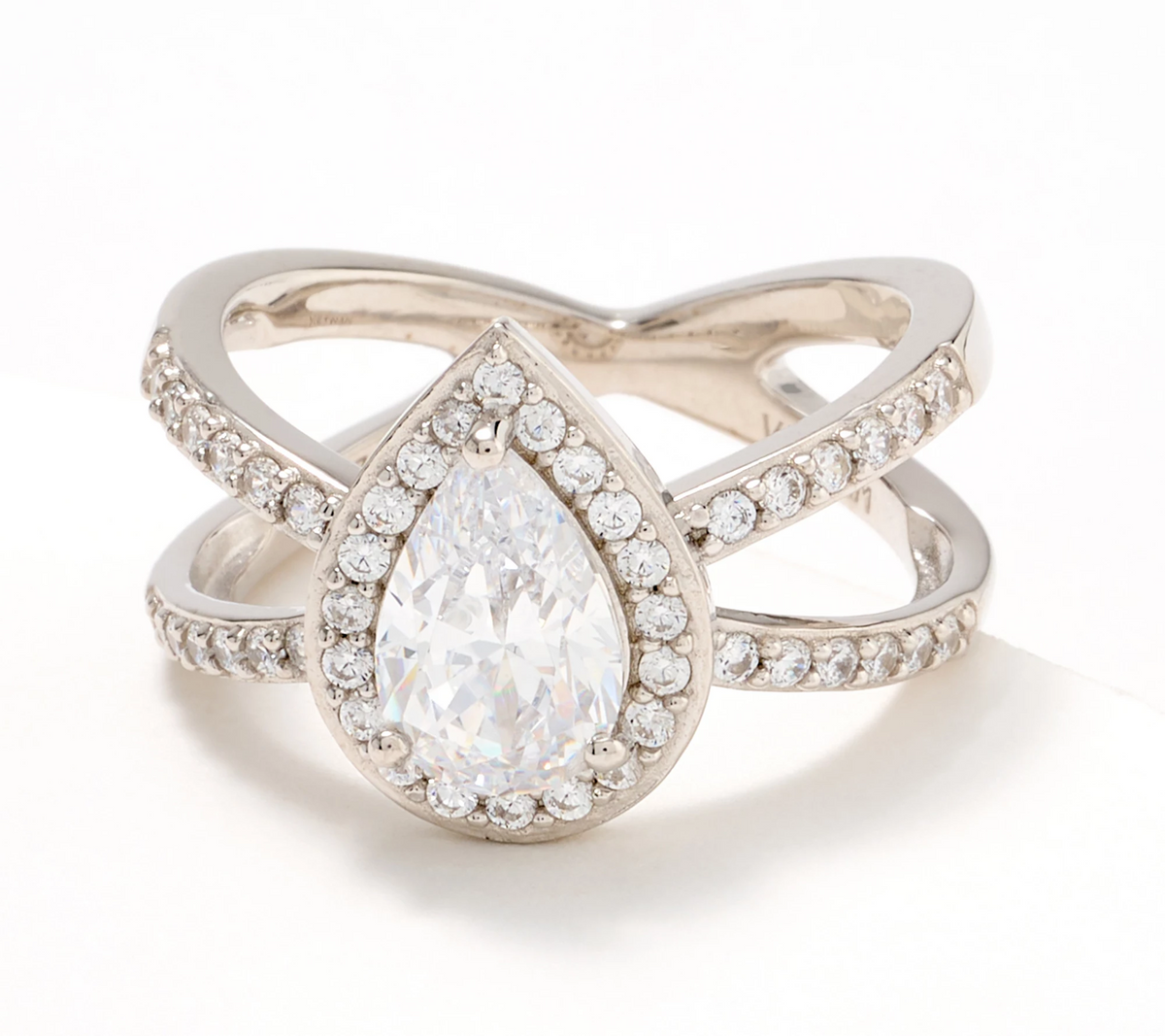 Diamonique Sterling Silver  Halo Engagement Fancy Pear Cut Ring Size 8