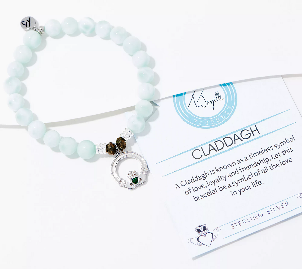 T. Jazelle St. Patrick's Green Angelite Beaded Bracelet with SS Claddagh Charm