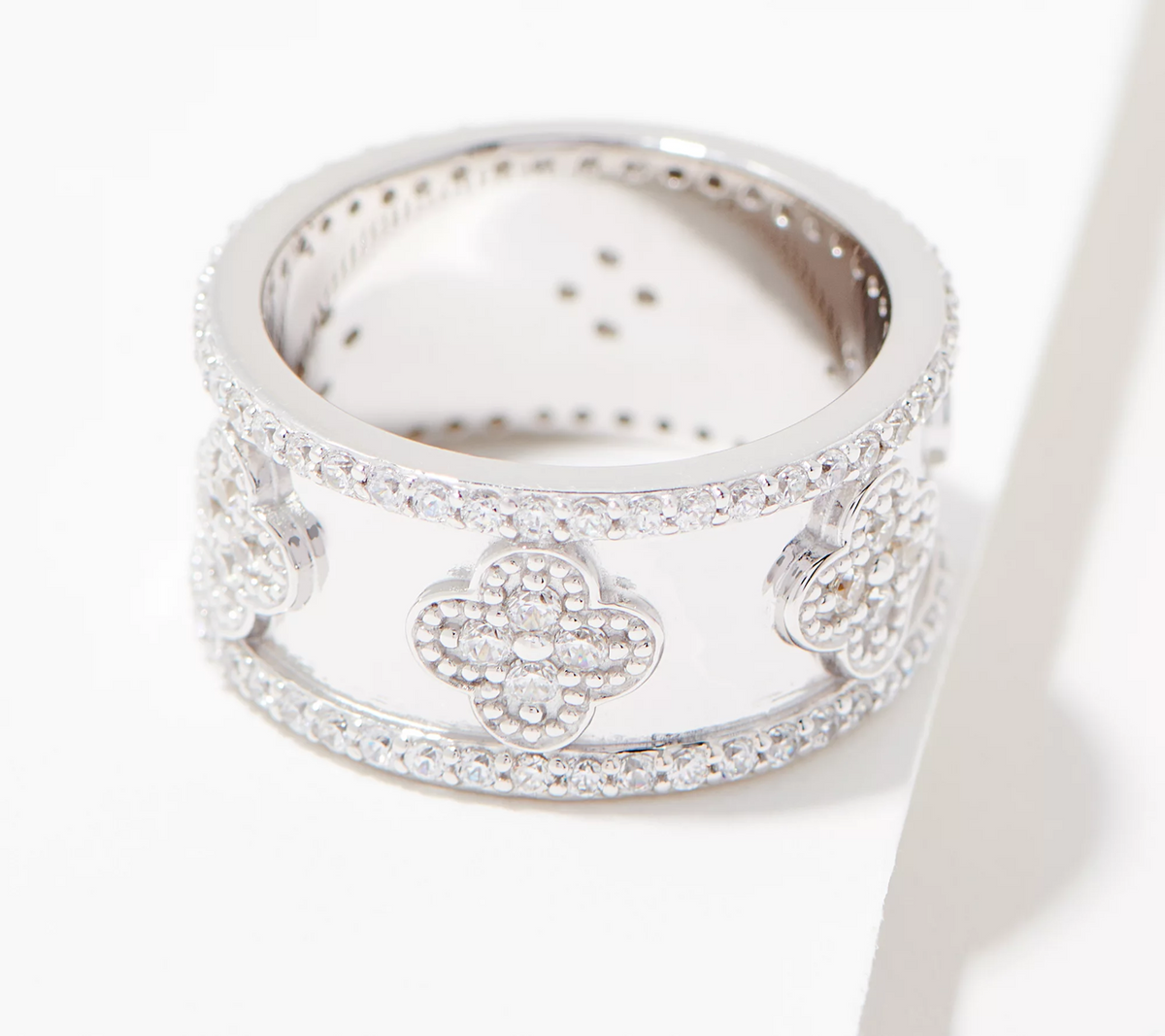 Diamonique Sterling Silver Clover Band Ring, Size 8
