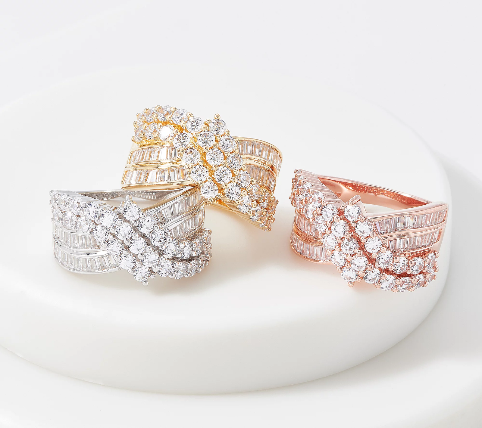 Diamonique Rose Clad Sterling Silver Round and Baguette Bypass Ring, Size 6