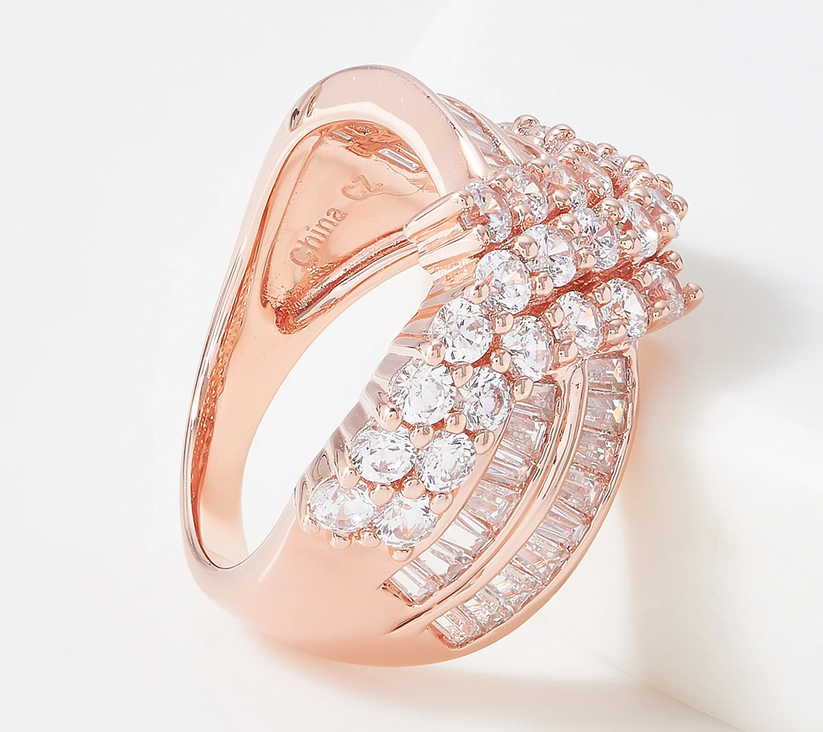Diamonique Rose Clad Sterling Silver Round and Baguette Bypass Ring, Size 6