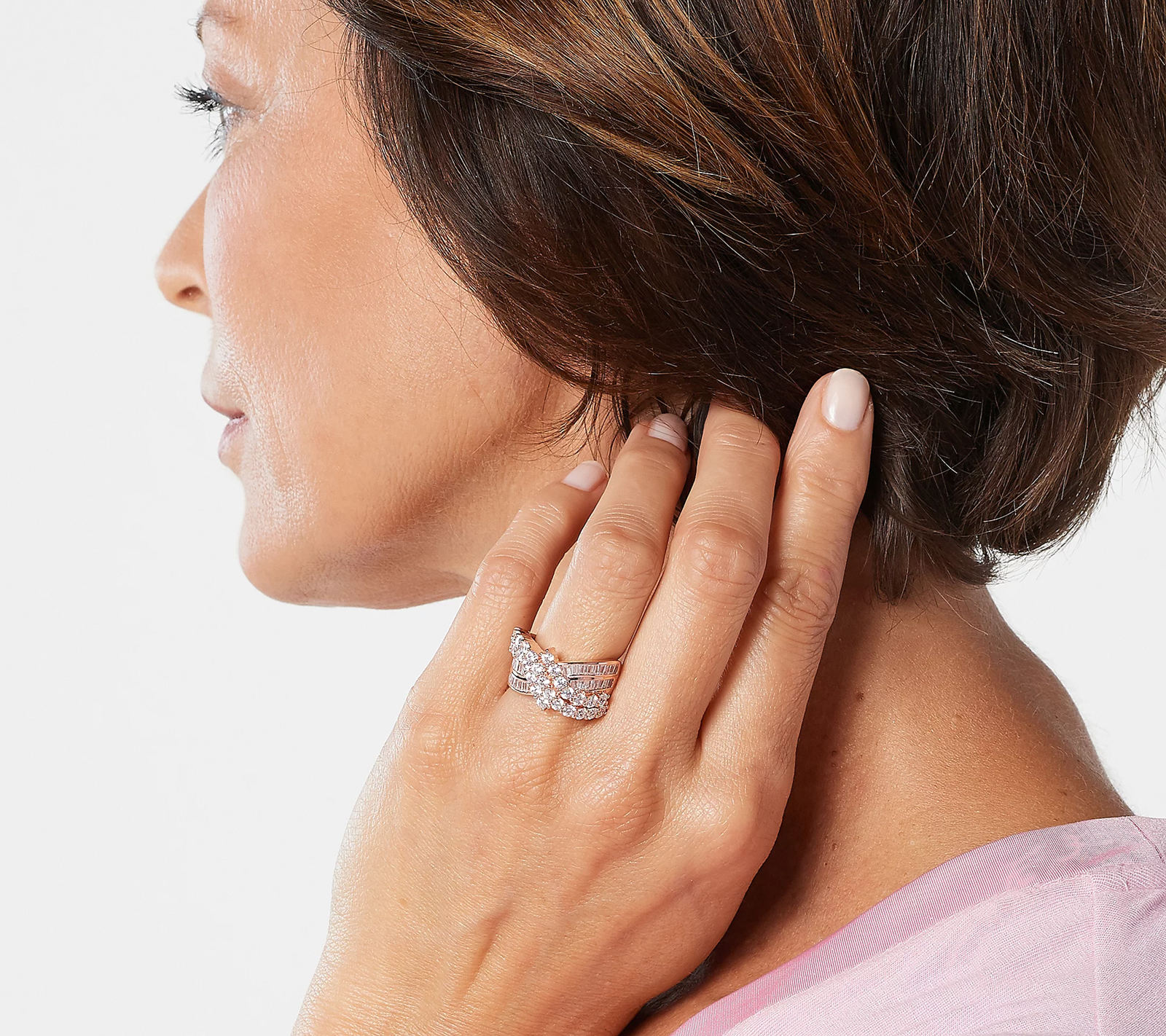 Diamonique Rose Clad Sterling Silver Round and Baguette Bypass Ring, Size 6