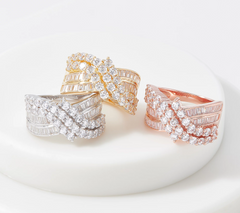 Diamonique Rose Clad Sterling Silver Round and Baguette Bypass Ring, Size 6