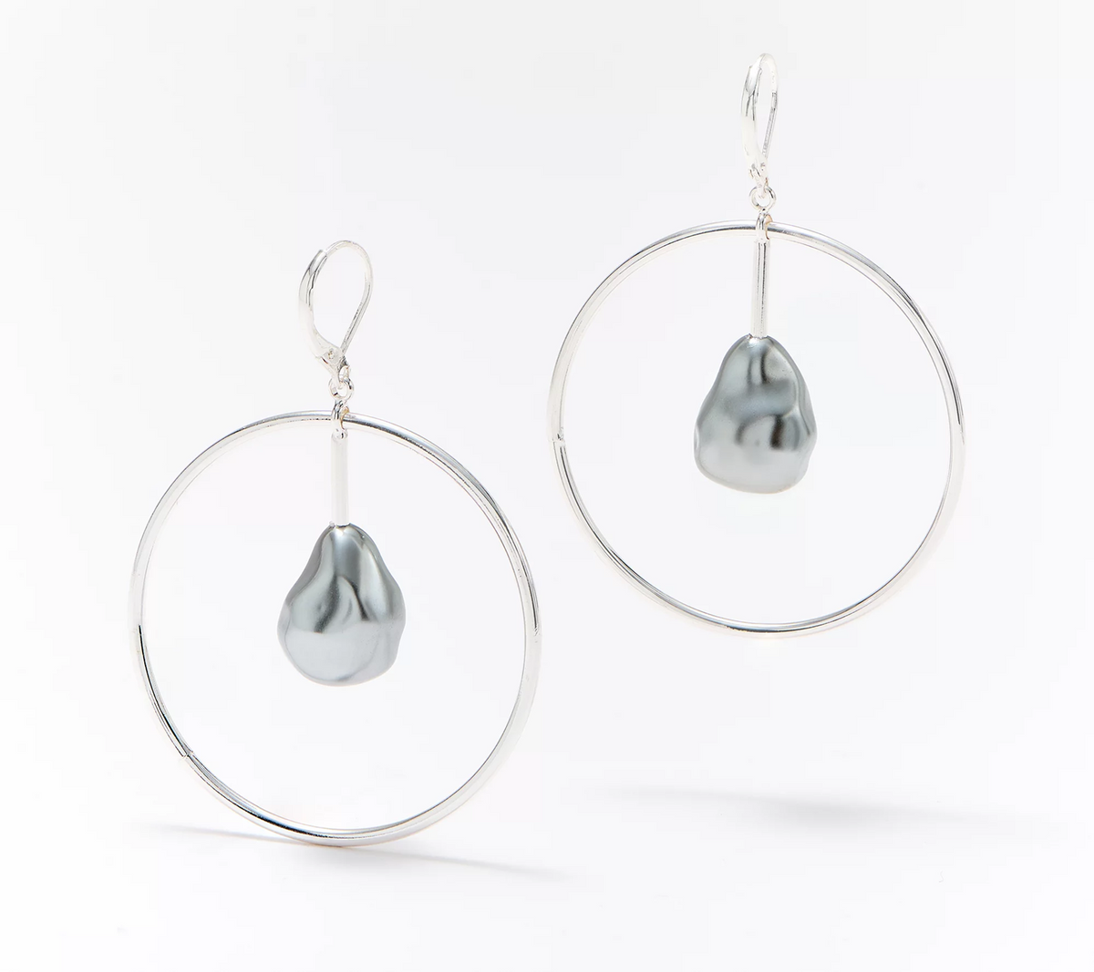 Attitudes by Renee Silver Tone Floating Baroque Faux Pearl Hoop Earrings, 2-1/2"