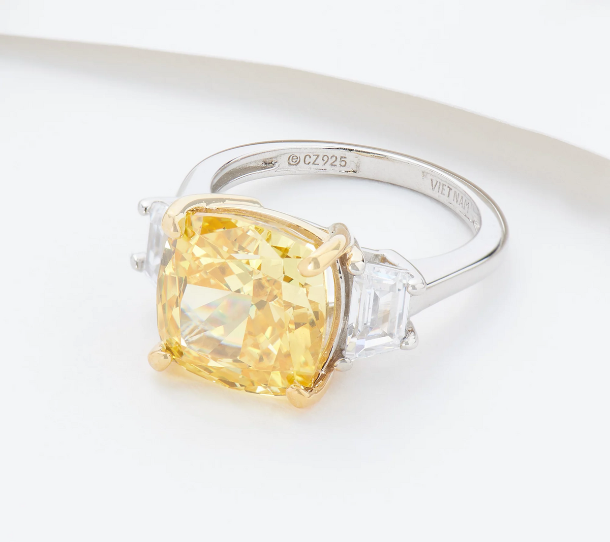 Diamonique Platinum Clad Sim Canary Yellow Cushion and Tapered Baguette Ring, Size 8