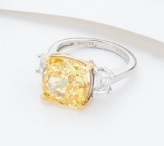 Diamonique Platinum Clad Sim Canary Yellow Cushion and Tapered Baguette Ring, Size 8