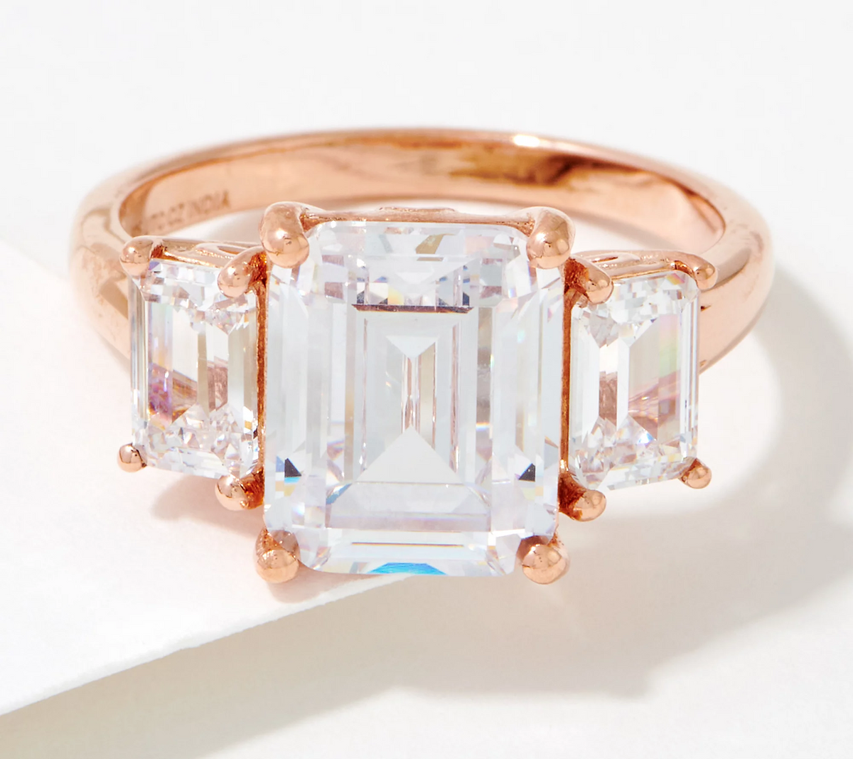 Diamonique x Kathy Levine Rose Clad Sterling Silver Elegant Emerald Cut 3-Stone Ring Size 7