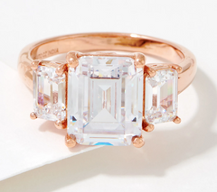 Diamonique x Kathy Levine Rose Clad Sterling Silver Elegant Emerald Cut 3-Stone Ring Size 7