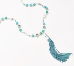 Denim & Co. Long Silver / Turquoise Beaded Tassle Necklace 36"