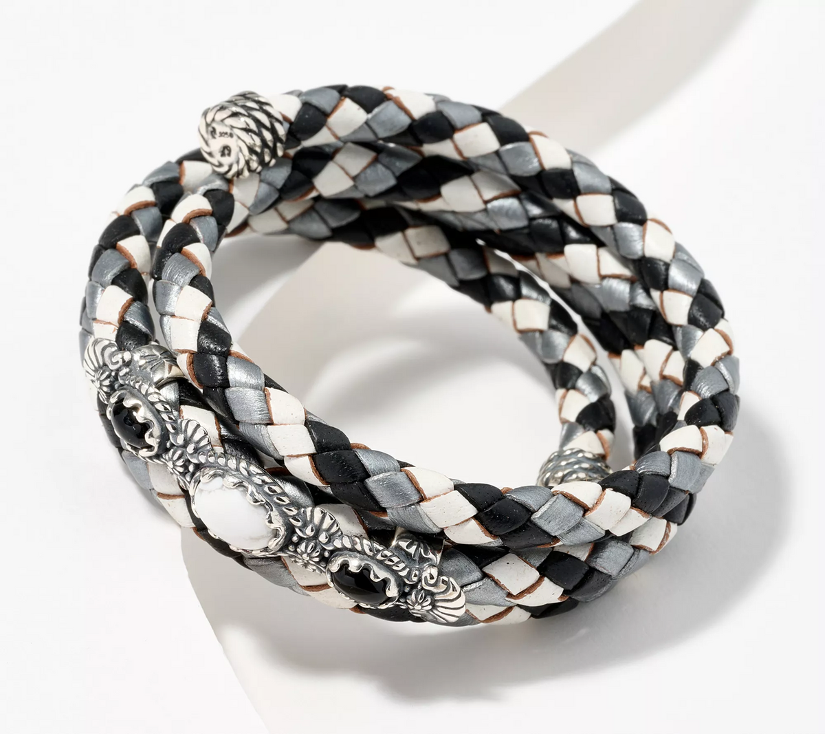 American West Sterling Silver Tonal Braided Black Leather 3-Stone Coil Bracelet