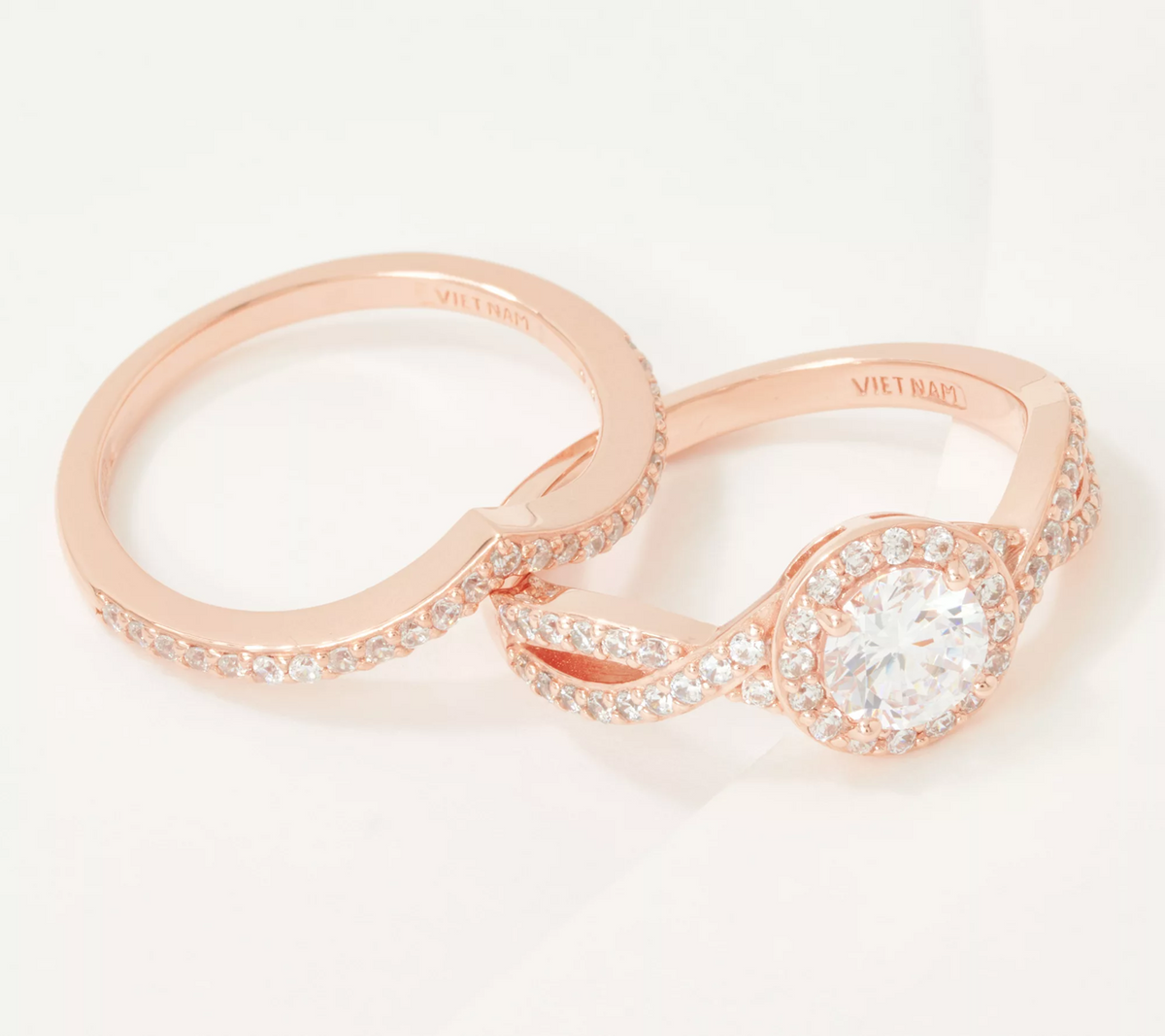 Diamonique Rose Clad Sterling Silver Round Halo Ring & Pointed Band Set Size 6