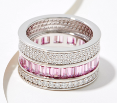 Diamonique Sterling Silver Pink/Clear Triple Row Stacked Band Ring, Size 6