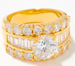 Diamonique Round and Baguette Bridal Gold-Clad Sterling Silver Ring Size 8