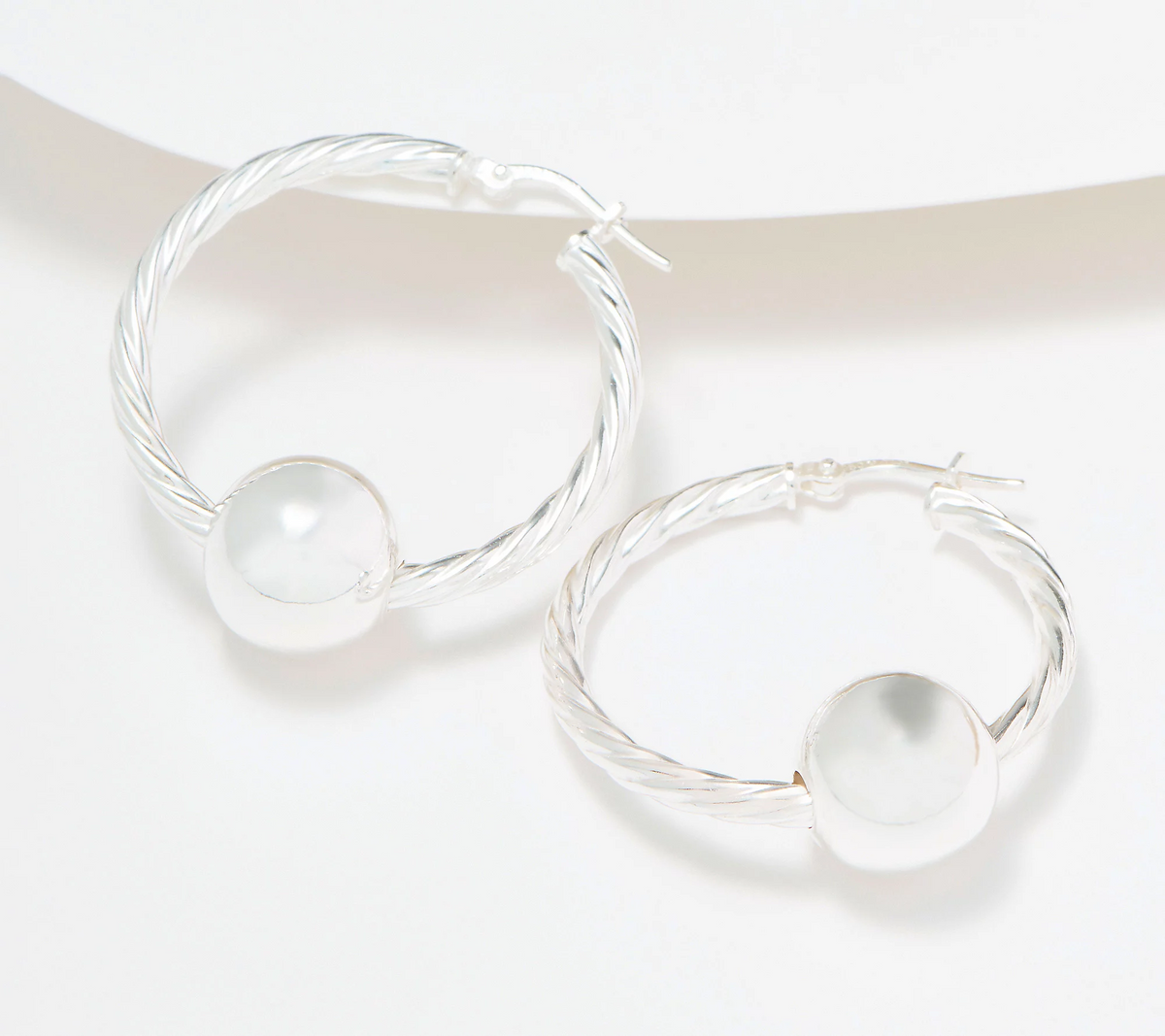 UltraFine 950 Silver Twisted Hoop Earrings w/ Removable Bead. 1-1/4"