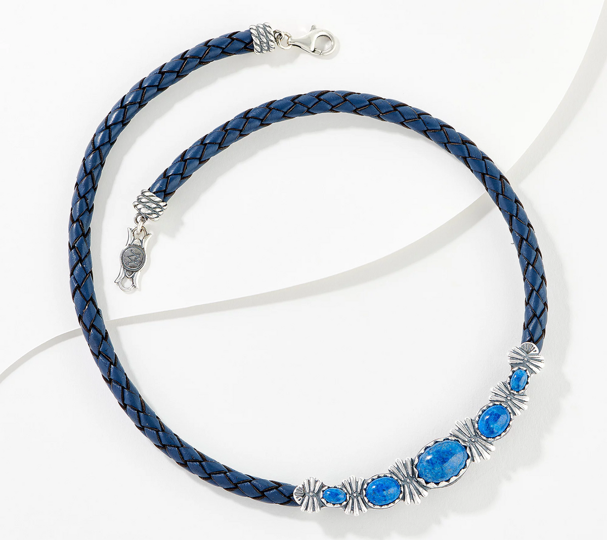 American West Sterling Oval Lapis Blue Gem & Blue Leather Necklace