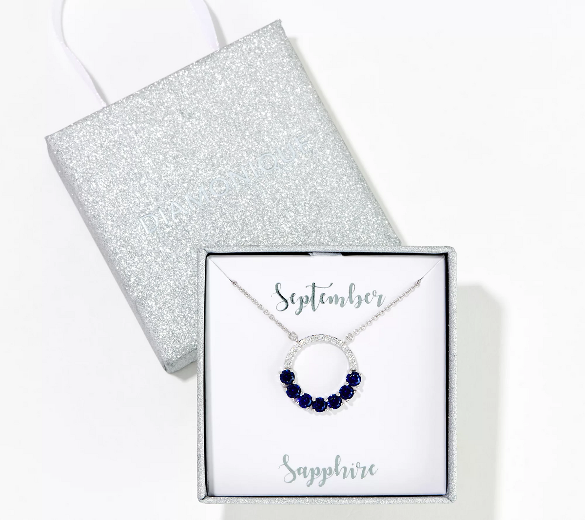 Diamonique Sterling Silver Birthstone Sapphire Circle Pendant Necklace