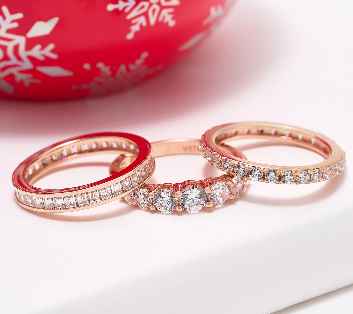 Diamonique 3 Ring Eternity Band Set Rose-Clad Sterling Silver Size 7