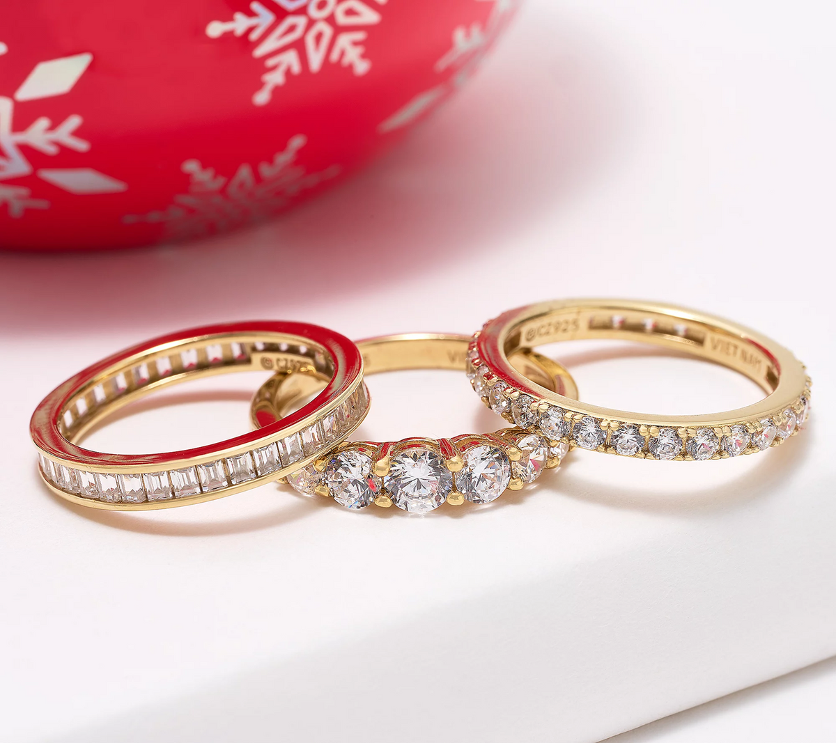 Diamonique 3 Ring Eternity Band Set Gold-plated Sterling Silver Size 8